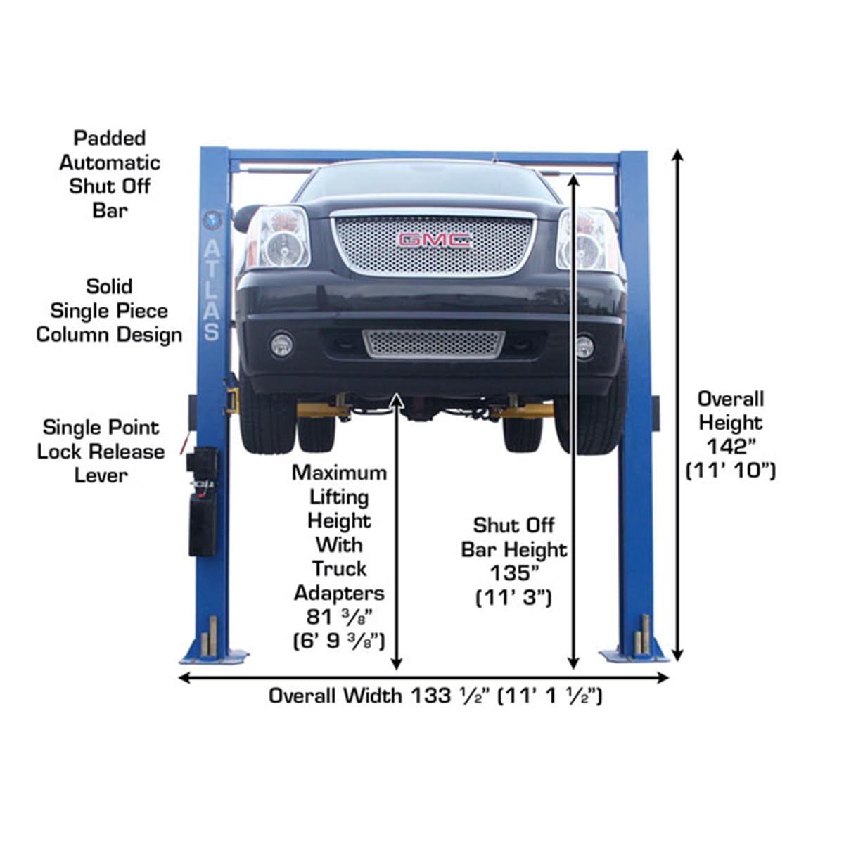 Atlas Automotive Equipment 9OHSC-SS 2-Post Vehicle Overhead Lift, 11’9” Minimum Ceiling Height, 9,000lb Capacity, Clear Floor, 11'10" Height, 3-Stage Front and 2-Stage Rear Arms, for DIY/Hobbyists
