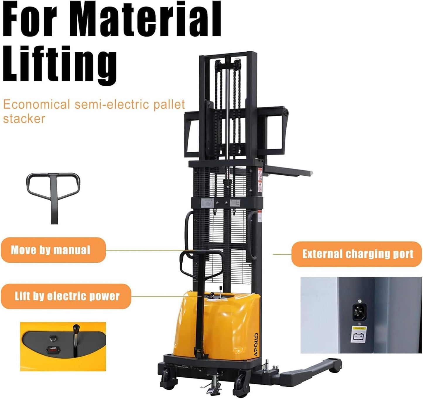 APOLLOLIFT Semi-Electric Pallet Stacker, 3300lbs Capacity Pallet Lift 118" Lifting Height with Straddle Legs and Adjustable Forks