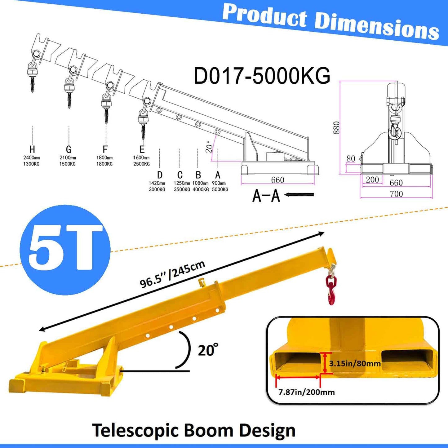 BEILOCKERY Adjustable Forklift Jib Boom Crane with Telescopic Arm,11000 lbs Heavy Duty Mobile Crane, Includes Truss Hoist and Hook for Industrial Lifting and Towing, Max Reach 96.5 Inches