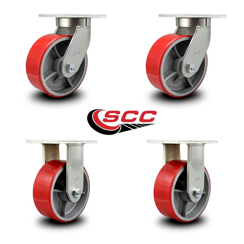 Extra Heavy Duty Kingpinless 8”x3” Red Poly on Cast Iron Swivel Caster Set for Cranes, Gantries, Hoists, and Winches-2 Swivel and 2 Rigid Casters-2,500lbs Per Caster-Set of 4-Service Caster Brand