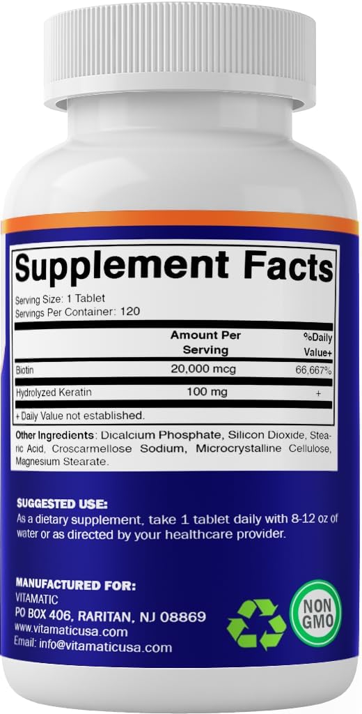 Vitamatic High Potency Biotin 20000 mcg (20mg) with Keratin 100mg - 120 Tablets - Biotin Supplements for Healthy Hair Skin & Nails for Adults (120 Count (Pack of 1))