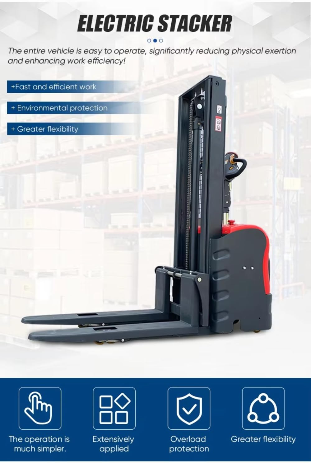 Full Electric Small Pallet Stacker, Standing Mini Forklift, 1.5–2 Ton Electric Stacker with 2m 3m 4.5m Lifting Height Options, Adjustable Forks, PU Wheels, Warehouse Material Handling Equipment