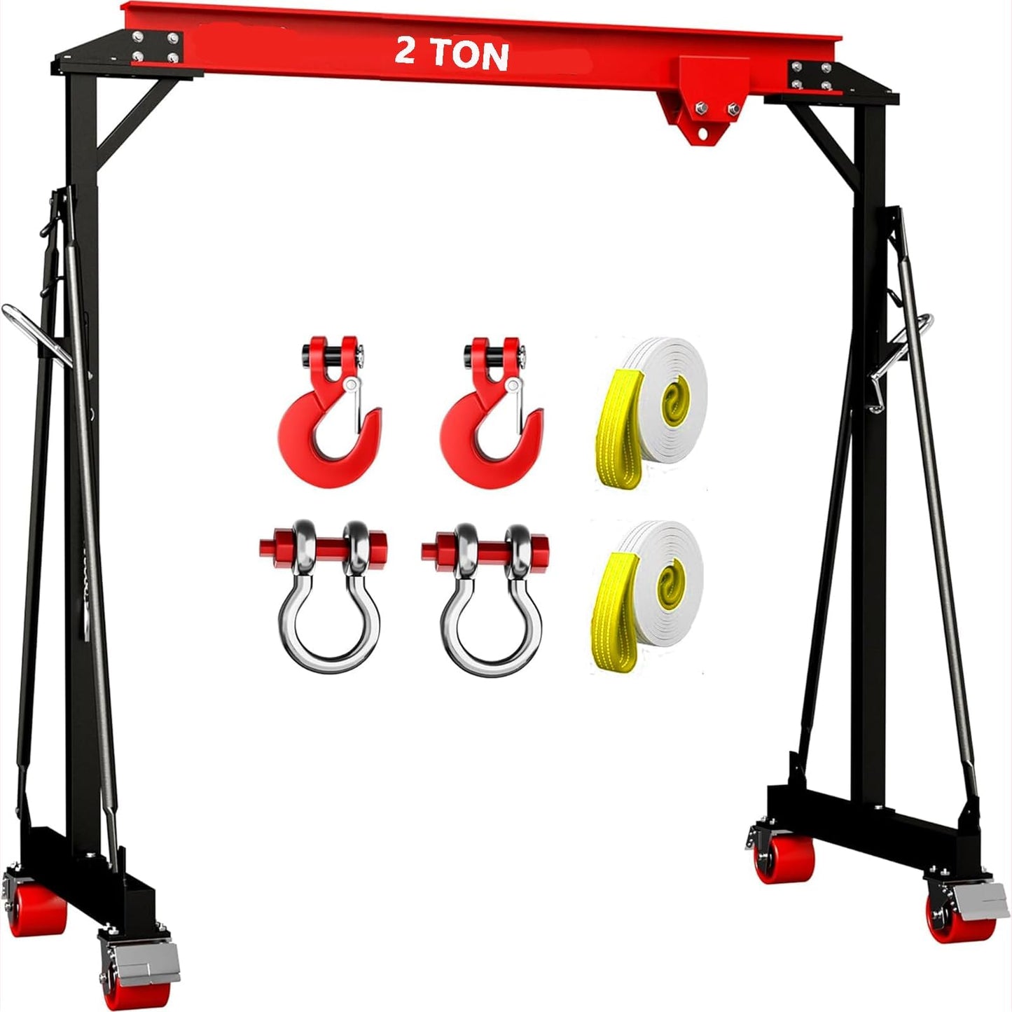 2 Ton Adjustable Height Gantry Crane with Manual Trolley, Hooks and Shackles - 4400 LBS Heavy Duty Steel Shop Crane with Locking Casters for Workshop, Garage, Warehouse