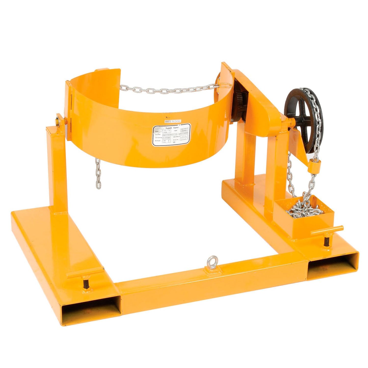 Global Industrial Forklift Tilting Drum Dumper with Pull Chain, 1500 Lbs Capacity,For Use with 55 Gallon Drums, Steel Construction, Yellow Powder Coat Finish
