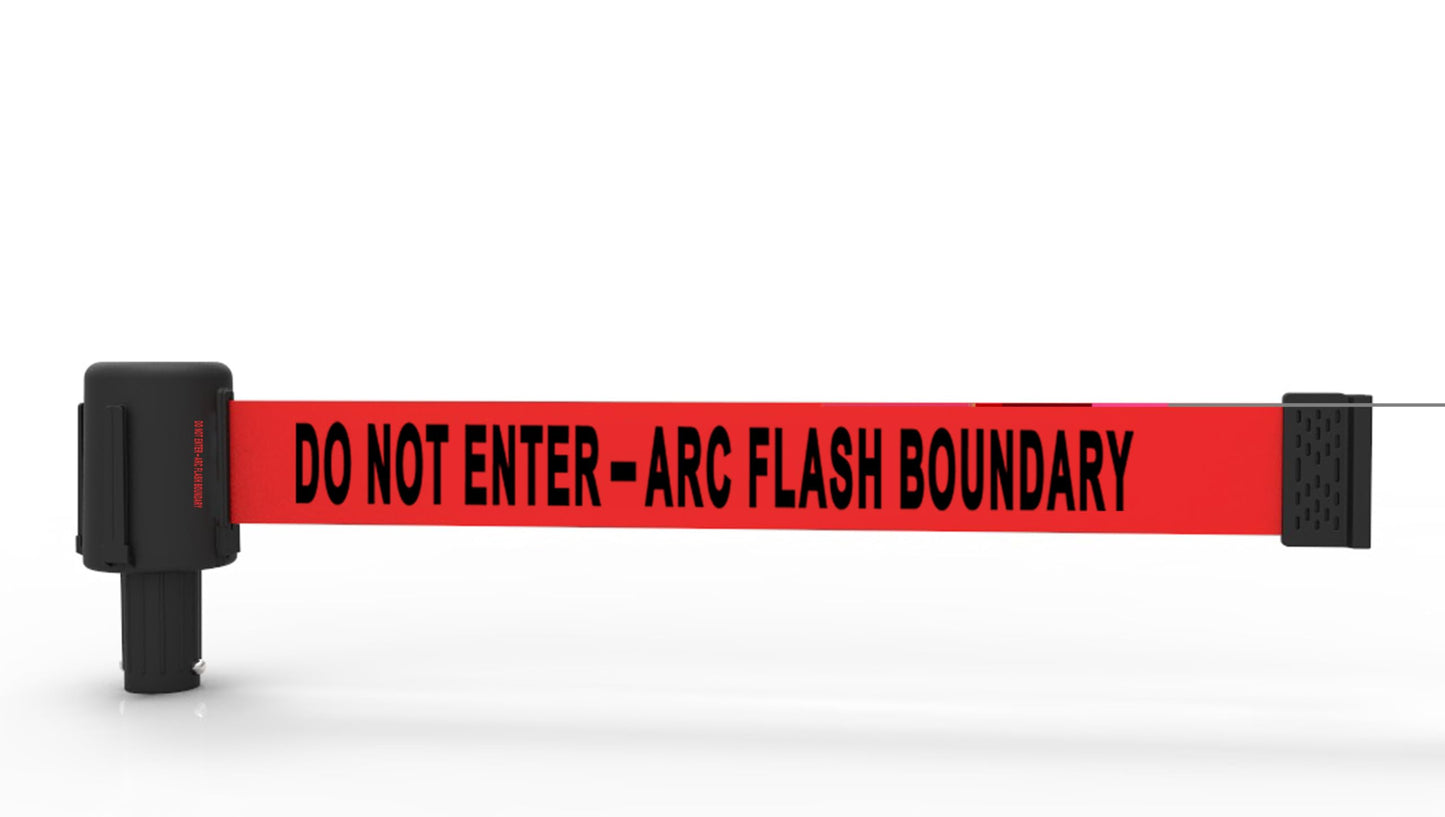 Banner Stakes Crowd Control Plus Cart Package & Accessory Tray, 75' Total Retractable Belt Barrier System - 5 Telescoping Stanchions w/ 15' Red "Do Not Enter - Arc Flash Boundary" Banners (PL4079T)