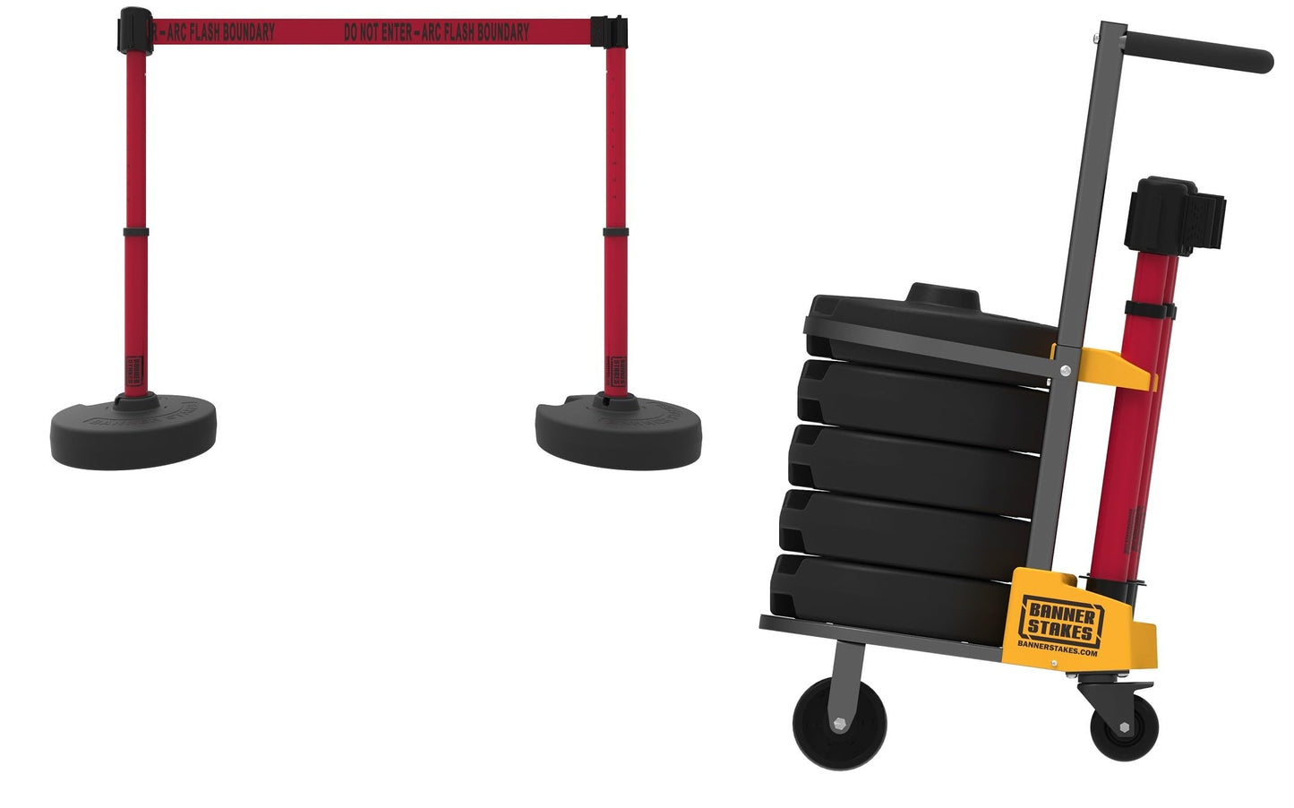 Banner Stakes Crowd Control Plus Cart Package & Accessory Tray, 75' Total Retractable Belt Barrier System - 5 Telescoping Stanchions w/ 15' Red "Do Not Enter - Arc Flash Boundary" Banners (PL4079T)