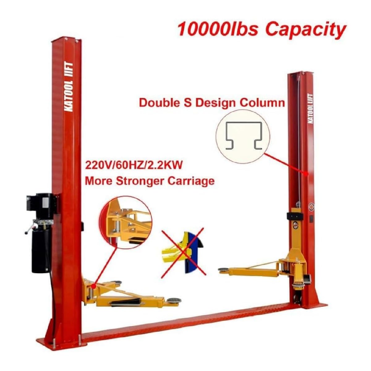 KATRAX KT-H100 2 Post Car Lift 10000 lbs Capacity Double S Design Column & Reinforced Carriage for Auto Repair Shop