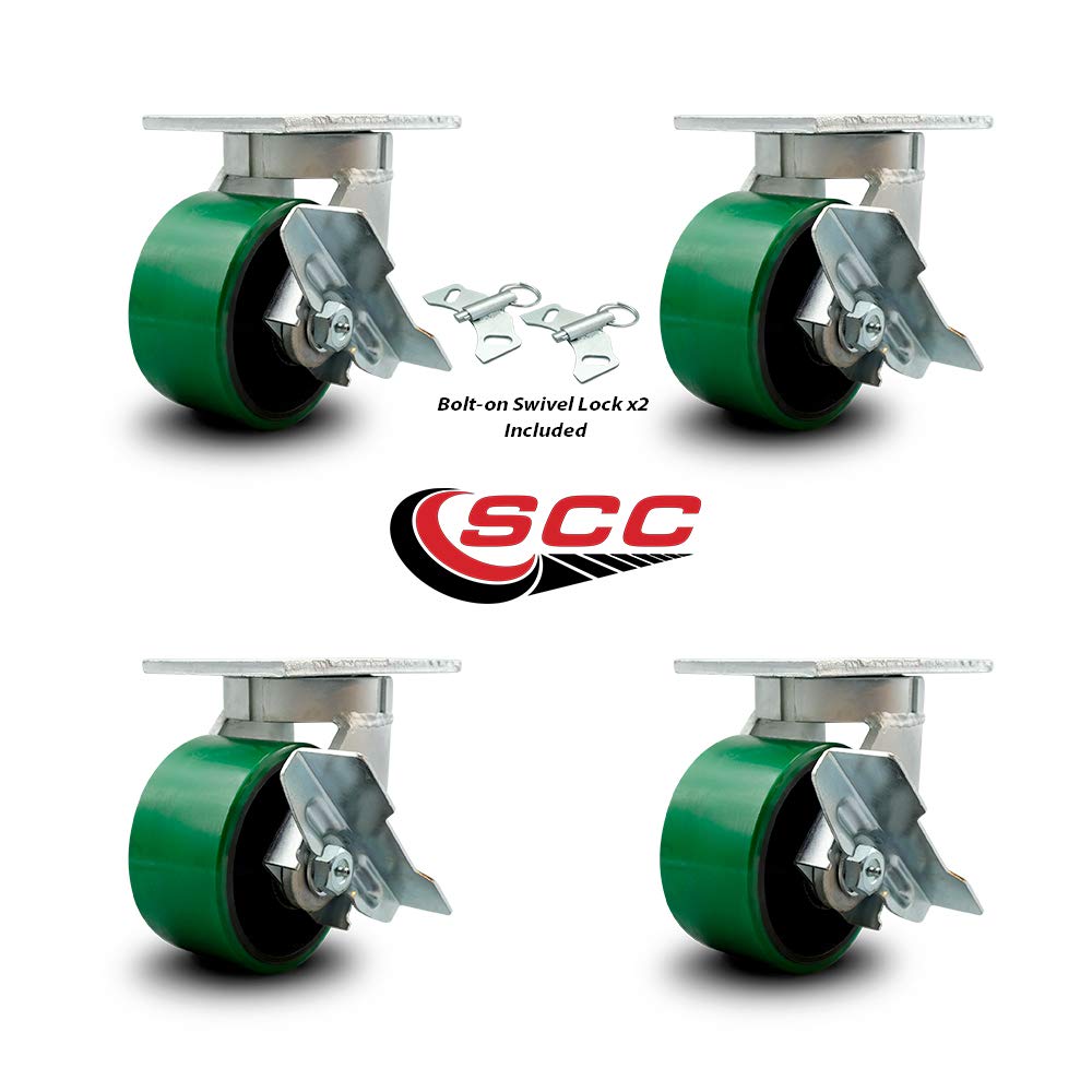 Extra Heavy Duty 6” x 3” Green Poly on Cast Iron Swivel Caster Set for Cranes, Gantries, Hoists,and Winches-2 with Brake and Swivel Lock/2 with Brake-2,000lbs Per Caster-Set of 4-Service Caster Brand
