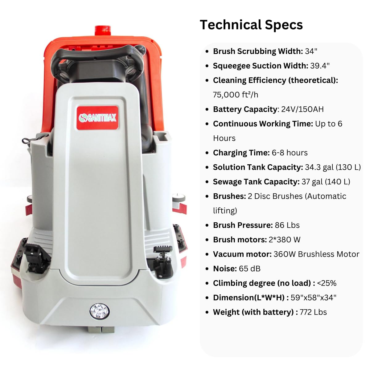SANITMAX SM860 34" Ride-On Floor Scrubber Dryer, Dual 17" Brushes, 41" Squeegee, 34.3/37-Gal Large-Capacity Tanks, 80,000 Sq Ft/H, Commercial Hard Floor Cleaner