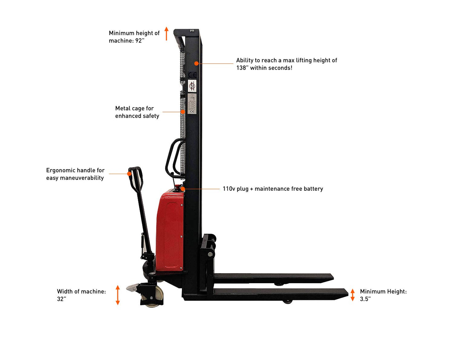 Hoc SPNT1035 Thin Leg Semi Electric Pallet Stacker 1000 kg 2204 lbs + 138 Inch Height Capacity + 3 Year Warranty
