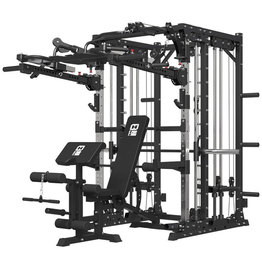 FAGUS H Commercial Smith Machine with Weight Bench Combo, 4000LB Power Cage Squat Rack with Lever Arm, Leg Press, Multi-Function Linear Bearing Cable Crossover Machine for Home Gym, Black