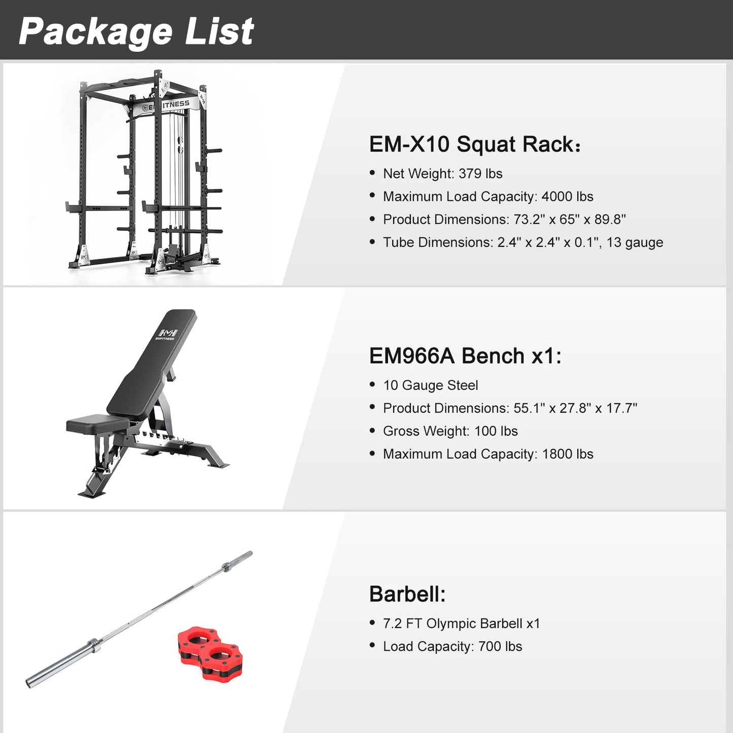 JZOPIDL X10 Power Cage with Adjustable Bench/Olympic Barbell/Cable Crossover/Smith Machine System, 4000LB Squat Rack for Home & Garage Gym, with Weight Storage Rack and Training Attachments