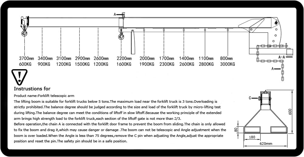 BREVELTION 6600LB Forklift Mobile Crane, 12FT Maximum Extension Arm Attachments, Adjustable Angle Jib Boom Crane, W/Telescopic Boom and Hook, for Forklift Towing Handling