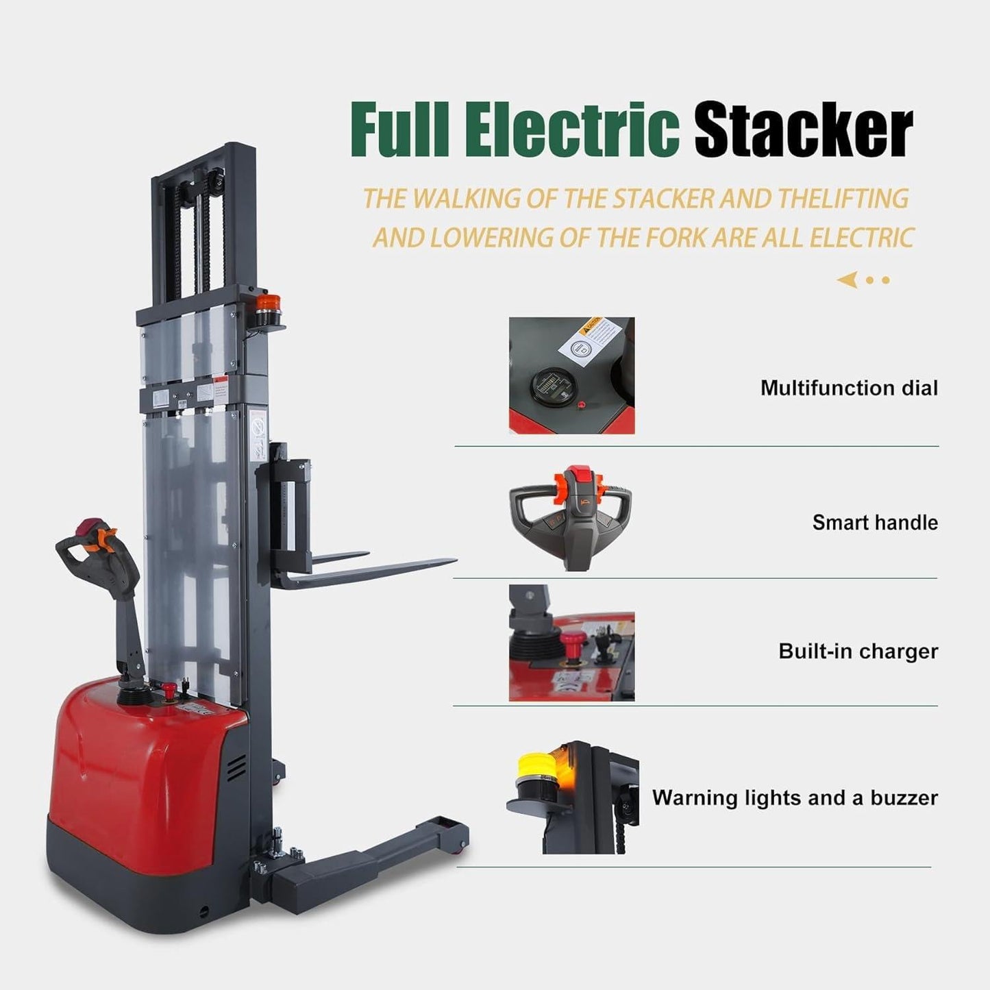 Tory Carrier Full Electric Pallet Stacker, Pallet Forklift, 3300 lbs Capacity, 118" Height Material Lifts, Straddle Legs & Forks Lift, Upgraded Maintenance-Free Gel Battery for Narrow Spaces(Red)