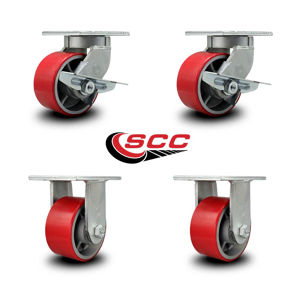Extra Heavy Duty 6”x3” Red Poly on Cast Iron Swivel Caster Set for Cranes, Gantries, Hoists, and Winches-2 Swivel with Side Lock Brakes and 2 Rigid-2,000lbs Per Caster-Set of 4-Service Caster Brand