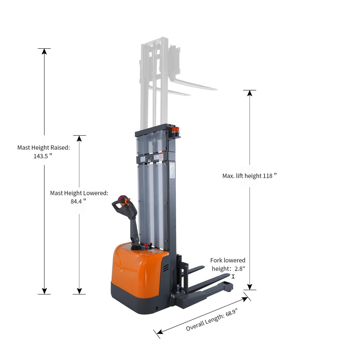 Tory Carrier Full Electric Stacker Power Straddle Forklift 3300 lb. Capacity 118'' Lifting Height with Adjustable Forks and Legs, Material Lifter Suitable Built-in Charger for Narrow Space Warehouse
