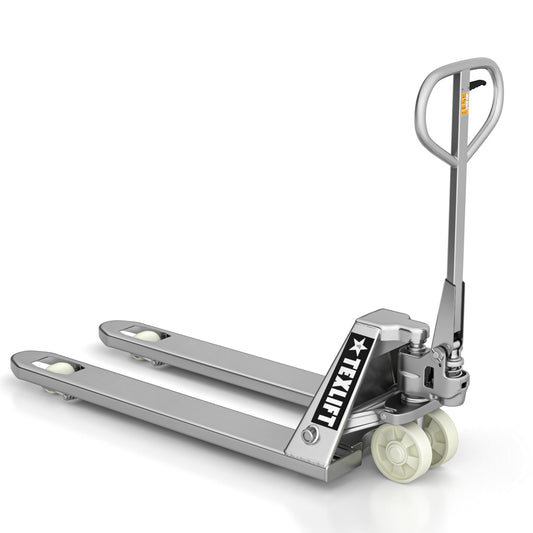 Industrial Stainless Steel Manual Pallet Jack – Heavy Duty Pallet Truck 5500 Lb Capacity - 48” L x 27” W Fork Size – Hand Truck for Material Handling - Max Lift Height 8 Inch - (US-PTSS55K)