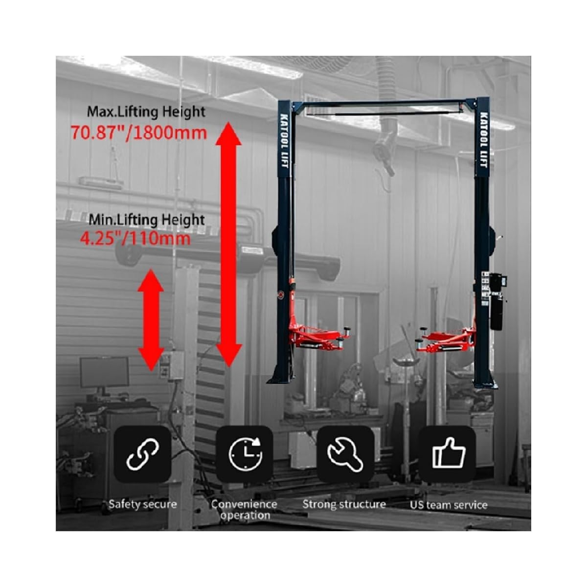 KT-AS110D Two Post Car Lift 11000 lbs Capacity, Direct Drive & Single Point Lock Release, New Arm Double-S Column Design, 1800mm Lift Height for Auto Shop