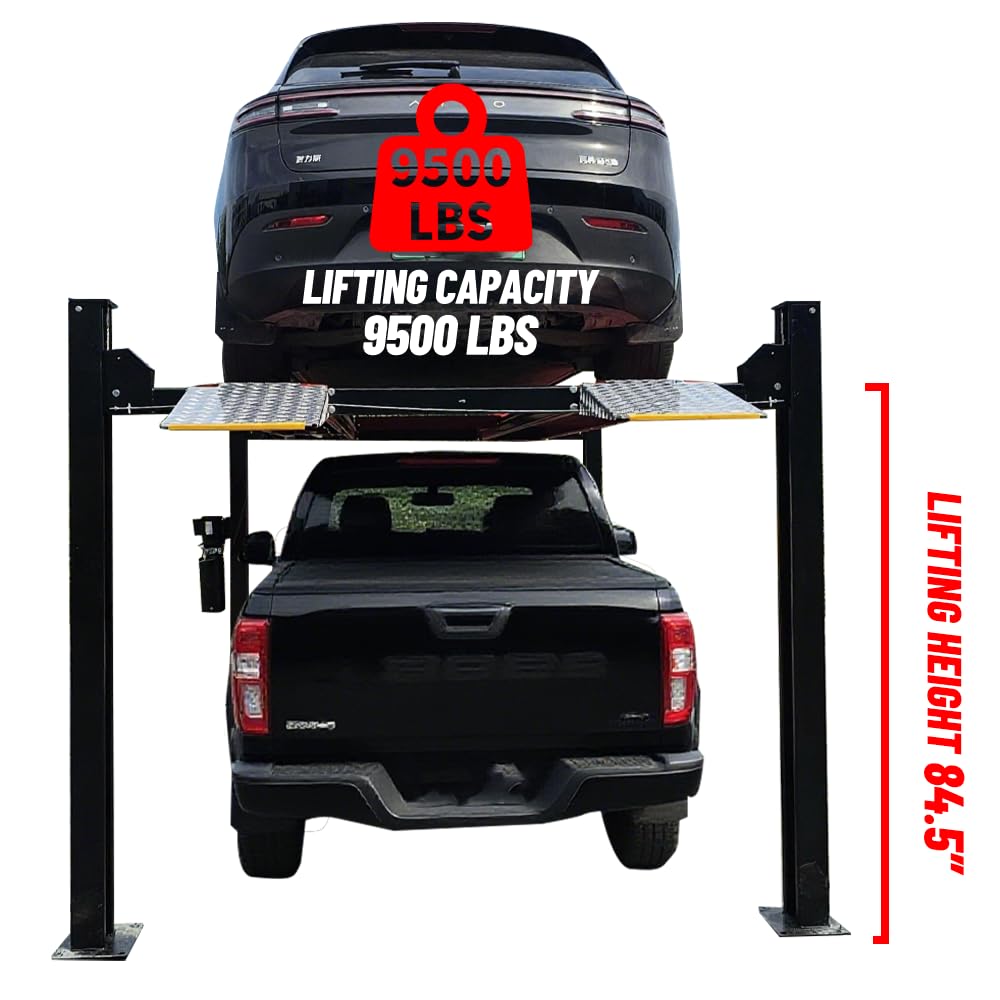 AUTOKATO KT-4H950 110V 3.0HP Four Post Lift Car Truck Parking Hoist Aluminum Plate with Casters and 9500Lbs Lifting Capacity，Max Lifting Height 84.5 Inch Extra Wide 113 Inch
