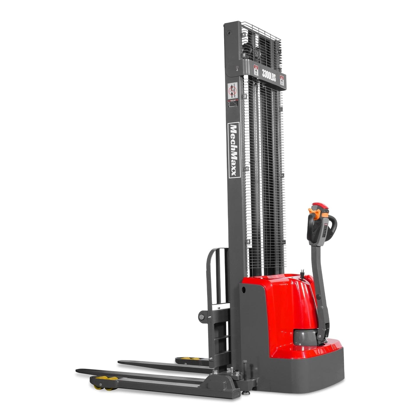 MechMaxx 3300lbs Electric Straddle Stacker with 24V/100Ah Maintenance-Free AGM Battery, 118" Lift, Adjustable Legs & Forks, Model F33-118SLA