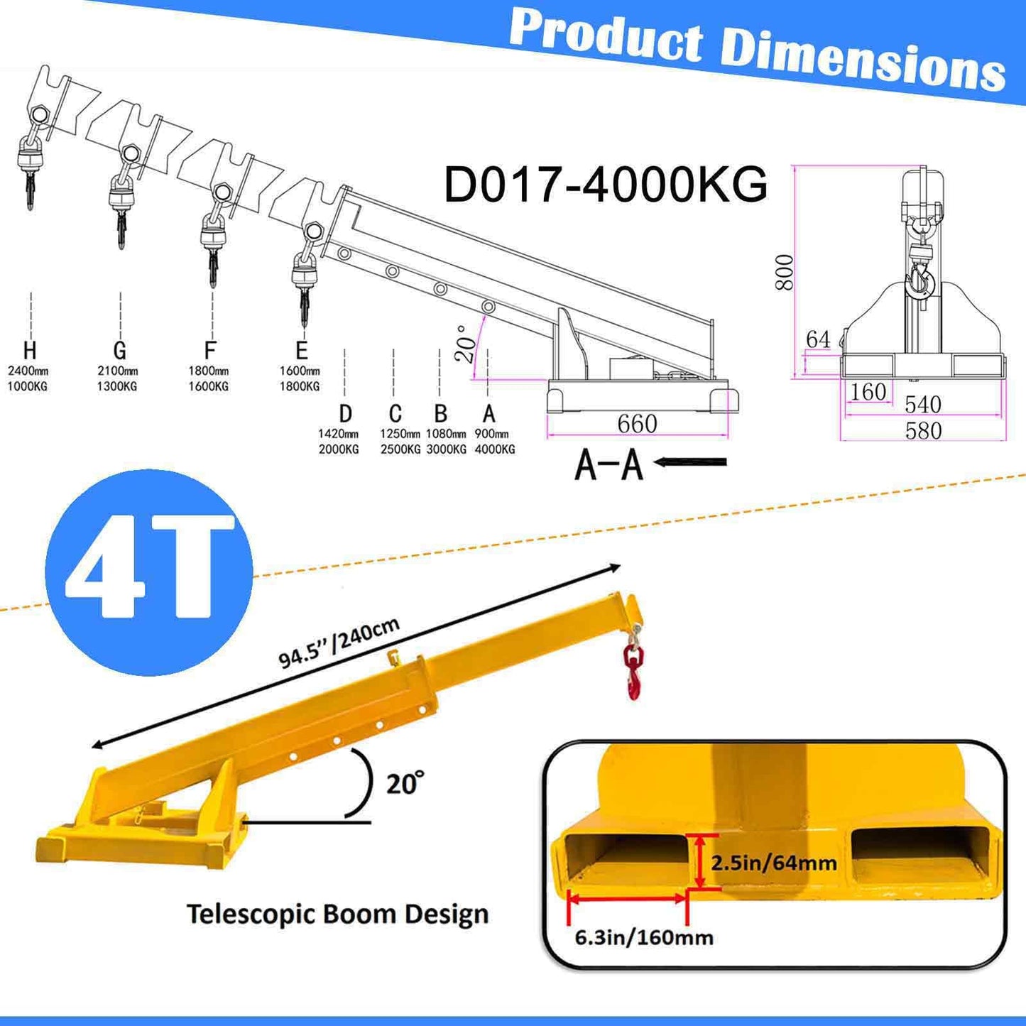 BEILOCKERY Adjustable Forklift Jib Boom Crane with Telescopic Arm, 8800 lbs Heavy Duty Mobile Crane, Includes Truss Hoist and Hook for Industrial Lifting and Towing, Max Reach 94.5 Inches