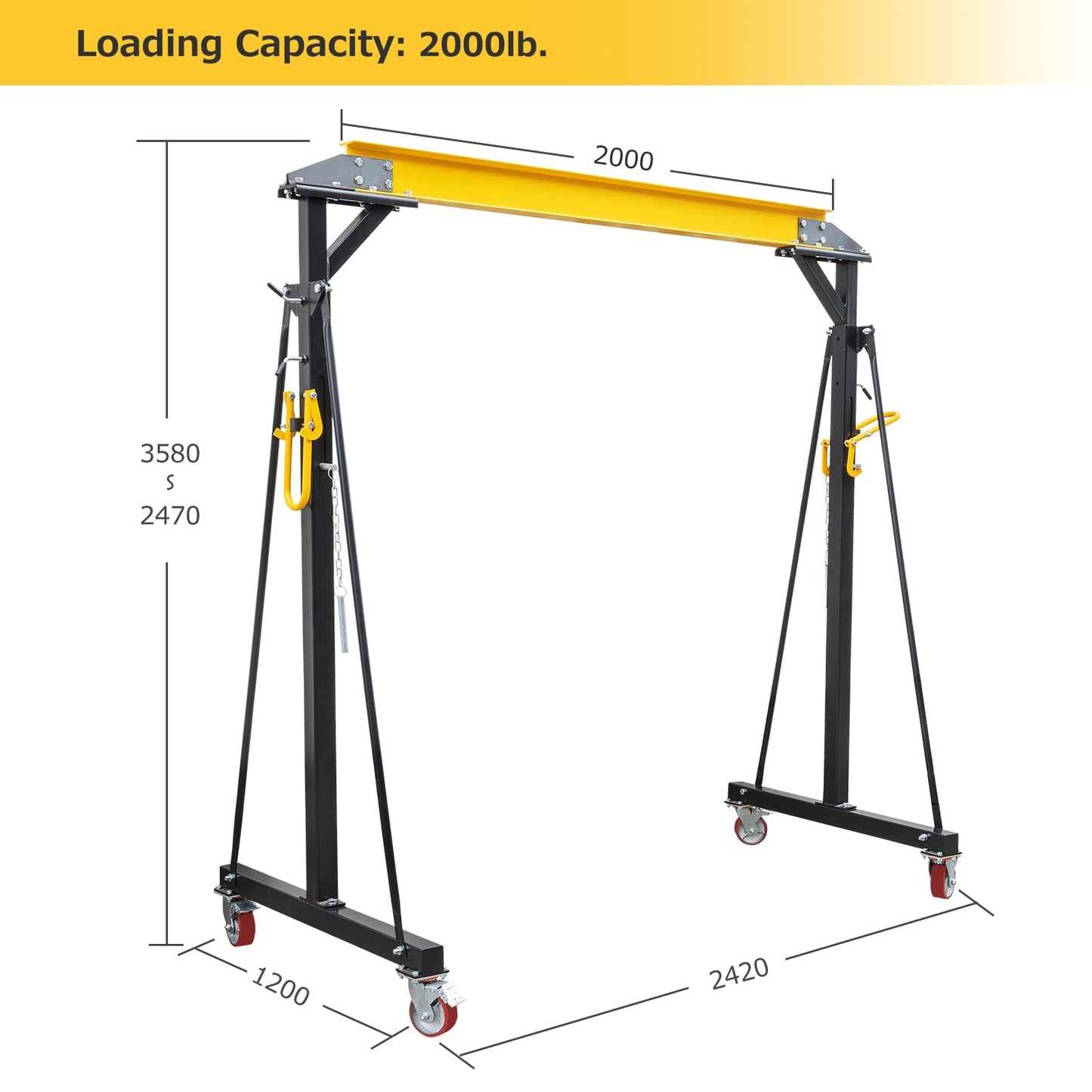 Adjustable Portable Shop Crane – 1-2 Ton Heavy Duty Lifting Hoist – Height Adjustable 97"-141" – Max Load 4400lbs – Robust Steel Frame – for Factories, Warehouses, Construction, Car Repair