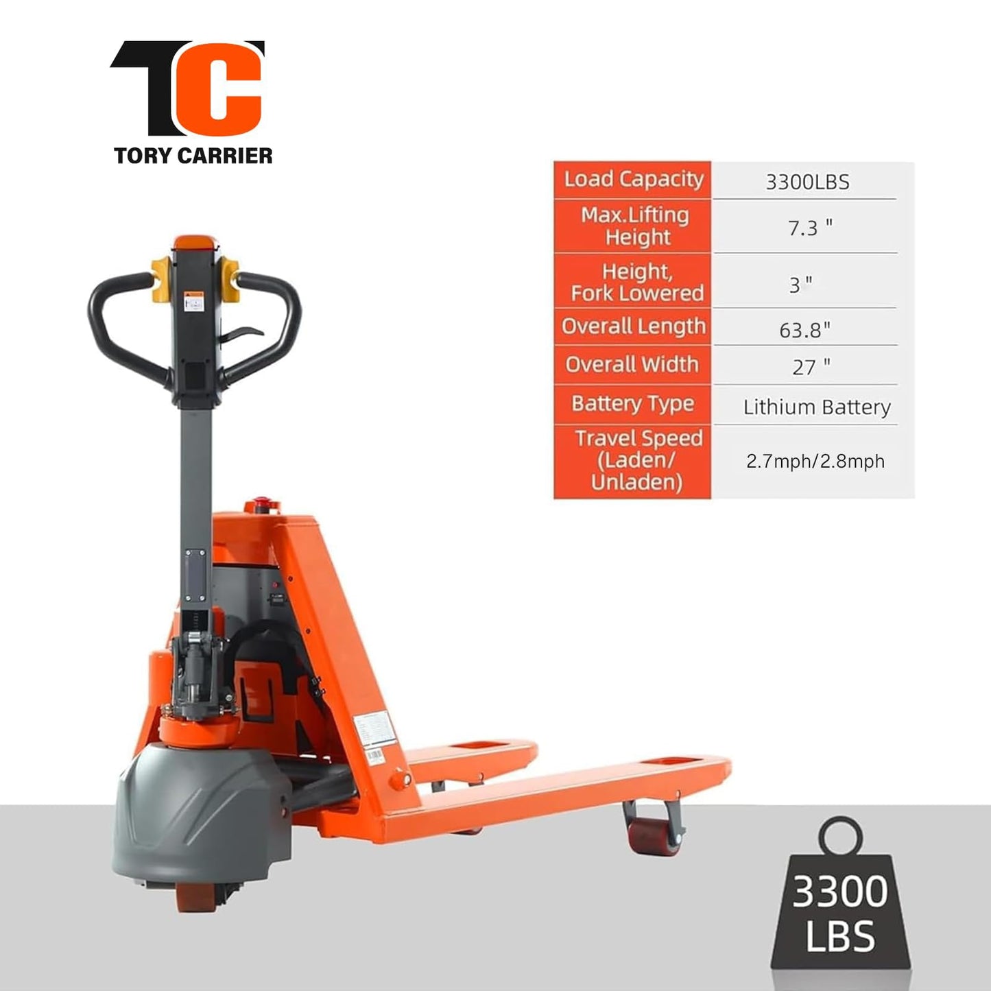 Tory Carrier Classic Electric Power Lithium Battery Pallet Truck/Jack 3300lb Capacity 48" x27" Fork Length Used in Indoor Storage and Handling-Orange Style 2PC