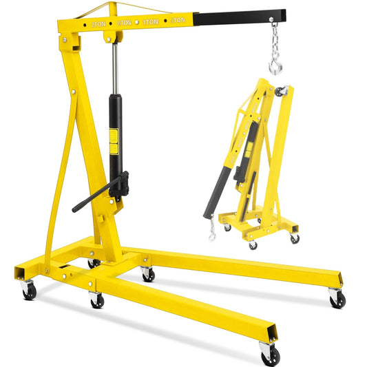 Hydraulic Engine Hoist, 2-Ton Folding Portable Shop Crane Lift, 4400 Lbs Capacity with Telescopic Boom and 6 Casters, Foldable Mobile Cherry Picker for Garage Workshop Warehouse, Yellow, Heavy-Duty