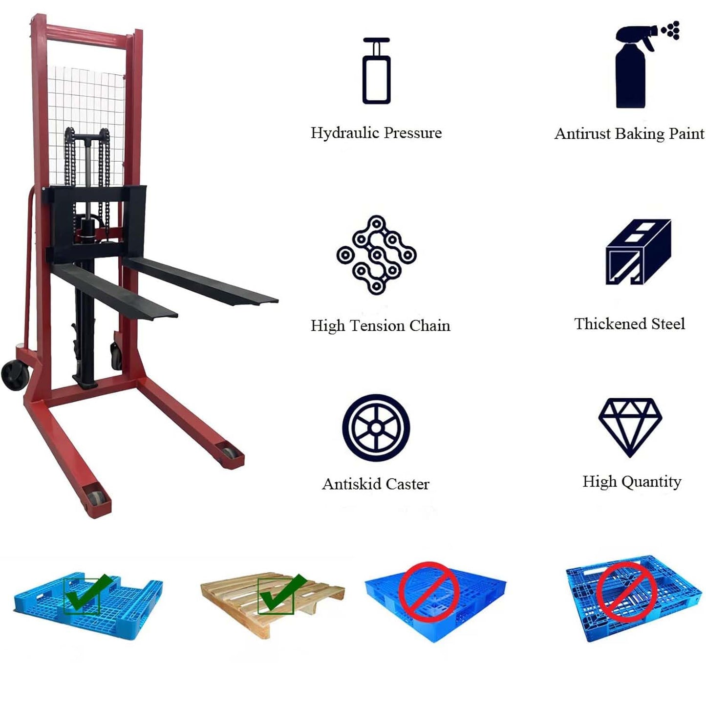 Yokoma 2204lbs Load Manual Forklift Hand Pallet Stacker Hydraulic Pump, 63" Lifting Height, Adjustable Forks, Straddle Legs Truck Dolly Ideal for Handling Stringer Block Pallets