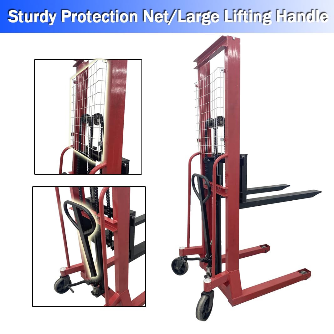 EQCOTWEA Manual Hydraulic Pallet Truck 4400 LBS(2 Ton) Manual Hydraulic Stacker 63" Lift Height Adjustable Forks Hand Pallet Truck for Single Sided Pallets to Lifting, Hoisting and Material Handling