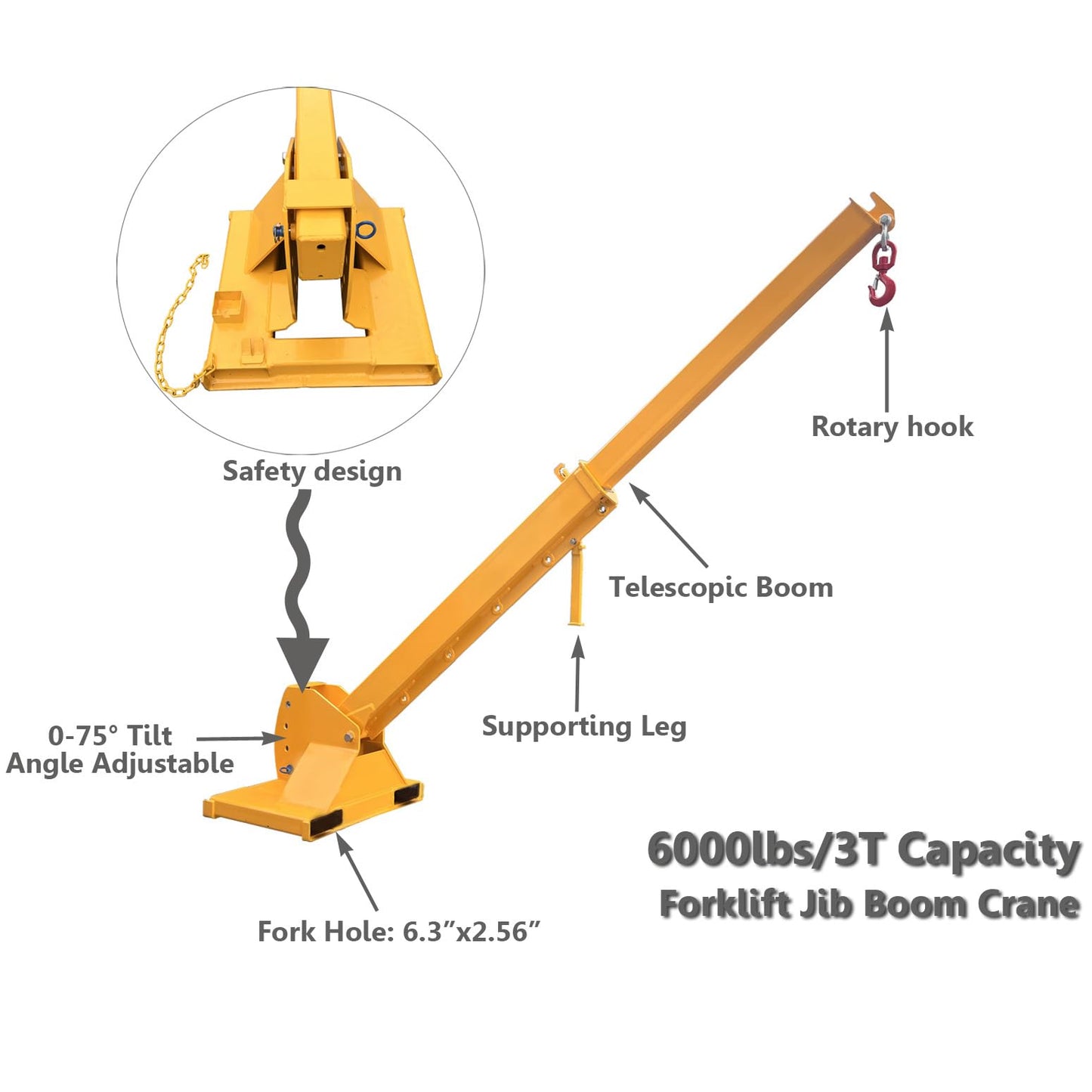 INTSUPERMAI Forklift Jib Boom Crane with Adjustable Tilt Angle 3 Ton / 6600 LB Forklift Mobile Crane Adjustable Forklift Crane Attachment with Truss Hoist Jib Boom Hook Max 12.14ft/3.7m Length