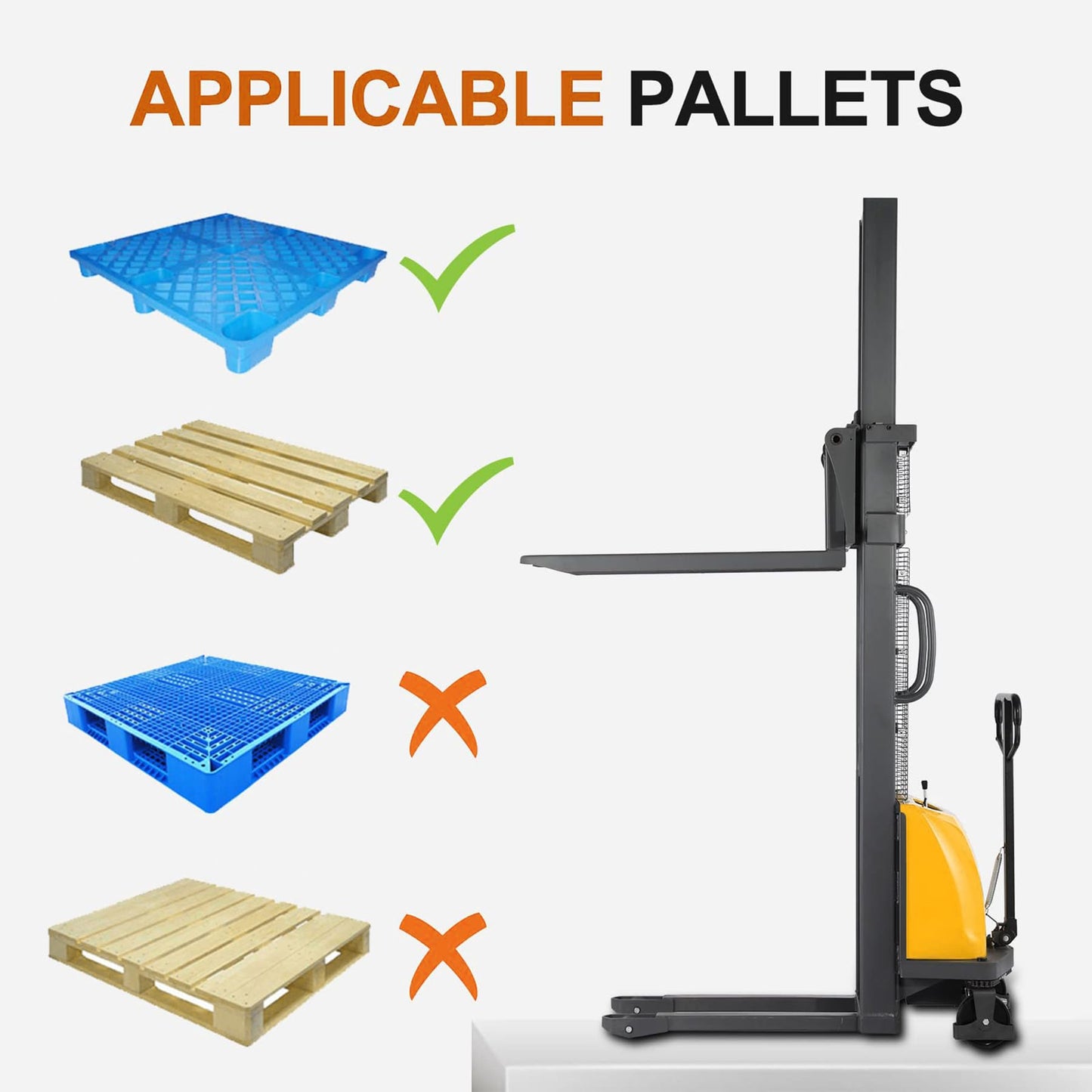 Tory Carrier Semi-Electric Stacker Pallet Lift, 3300 Lbs Capacity 118” Lift Height Material Forklift, with Fixed Legs and Forks Only for Open Bottom Pallet