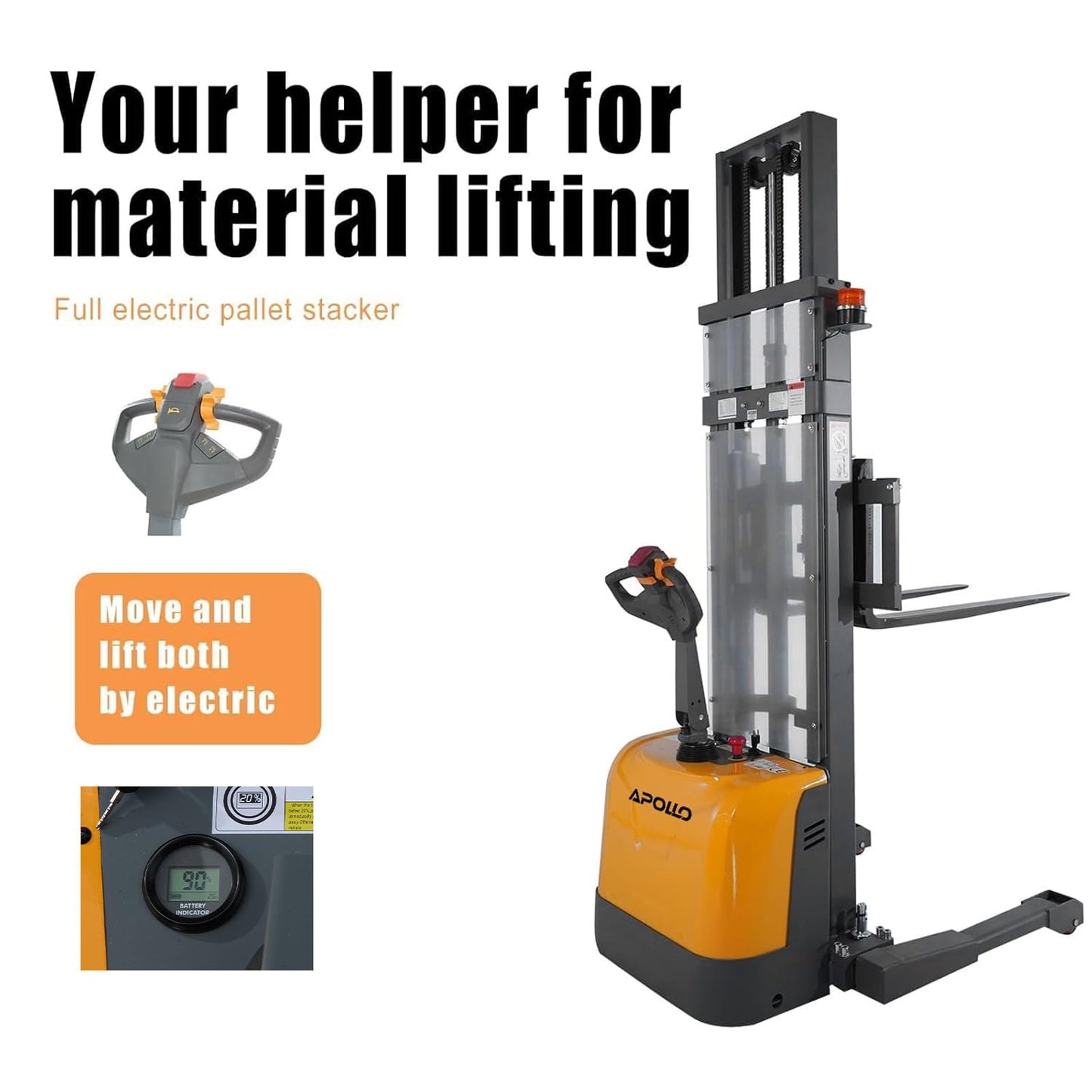 Apollo Full Electric Pallet Stacker, Material Lifts 3300 lbs Capacity, 118" Lifting Height, Gel Battery Powered Forklift with Straddle Legs and Adjustable Forks
