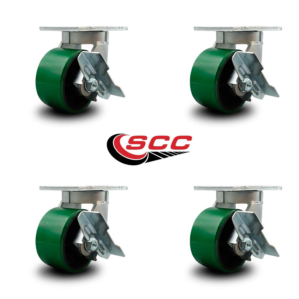 Extra Heavy Duty 6” x 3” Green Poly on Cast Iron Swivel Caster Set for Cranes, Gantries, Hoists, and Winches-4 Swivel Casters with Side Lock Brakes-2,000 lbs Per Caster-Set of 4- Service Caster Brand