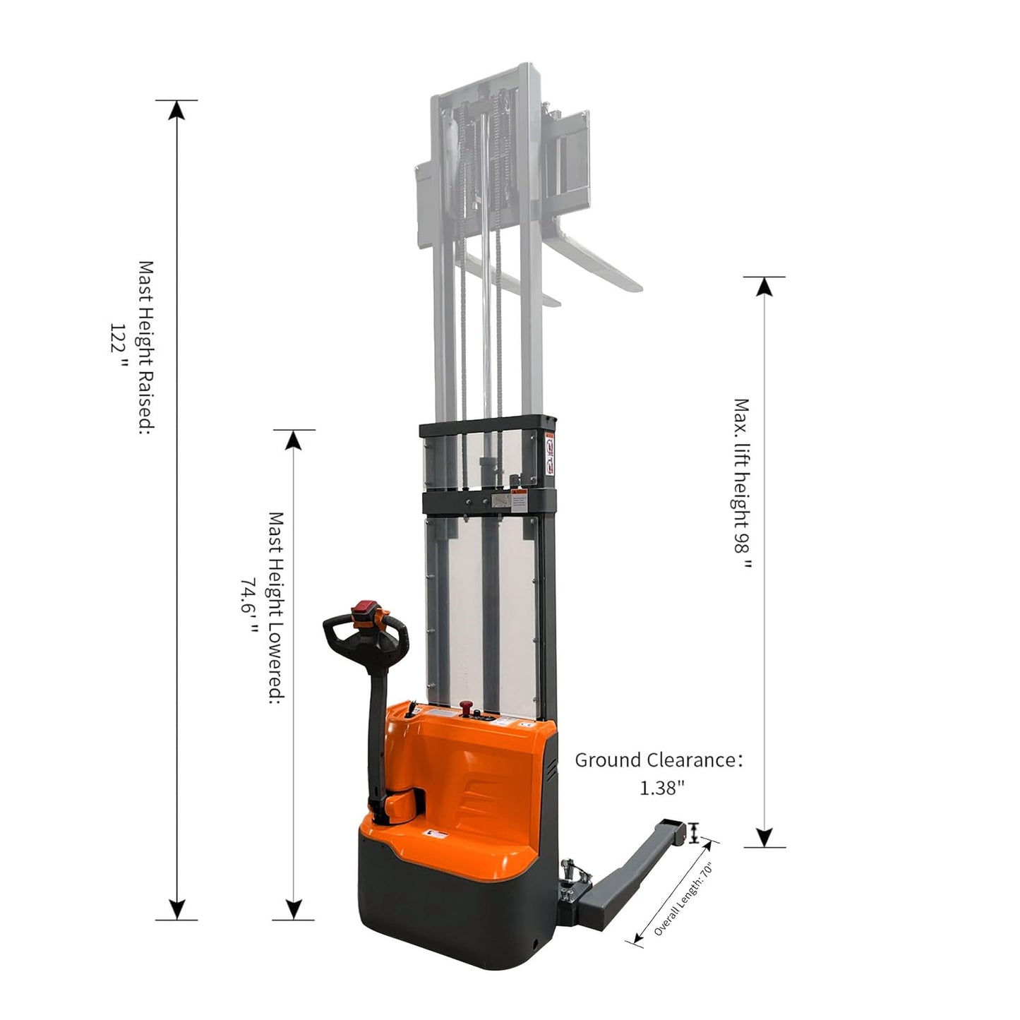Torry Carrier 98“ H Full Electric Powered Forklift Lifting Walkie Stacker Powered Stacker with Straddle Legs & Adjustable Forks 2640lbs Cap