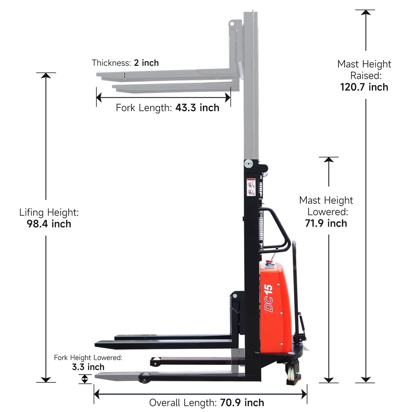 DMC-FPPS 3300lbs Semi-Electric Pallet Stacker, 98" Lifting Height Wakie Stacker, Fixed Legs Material Lift with Adjustable Forks
