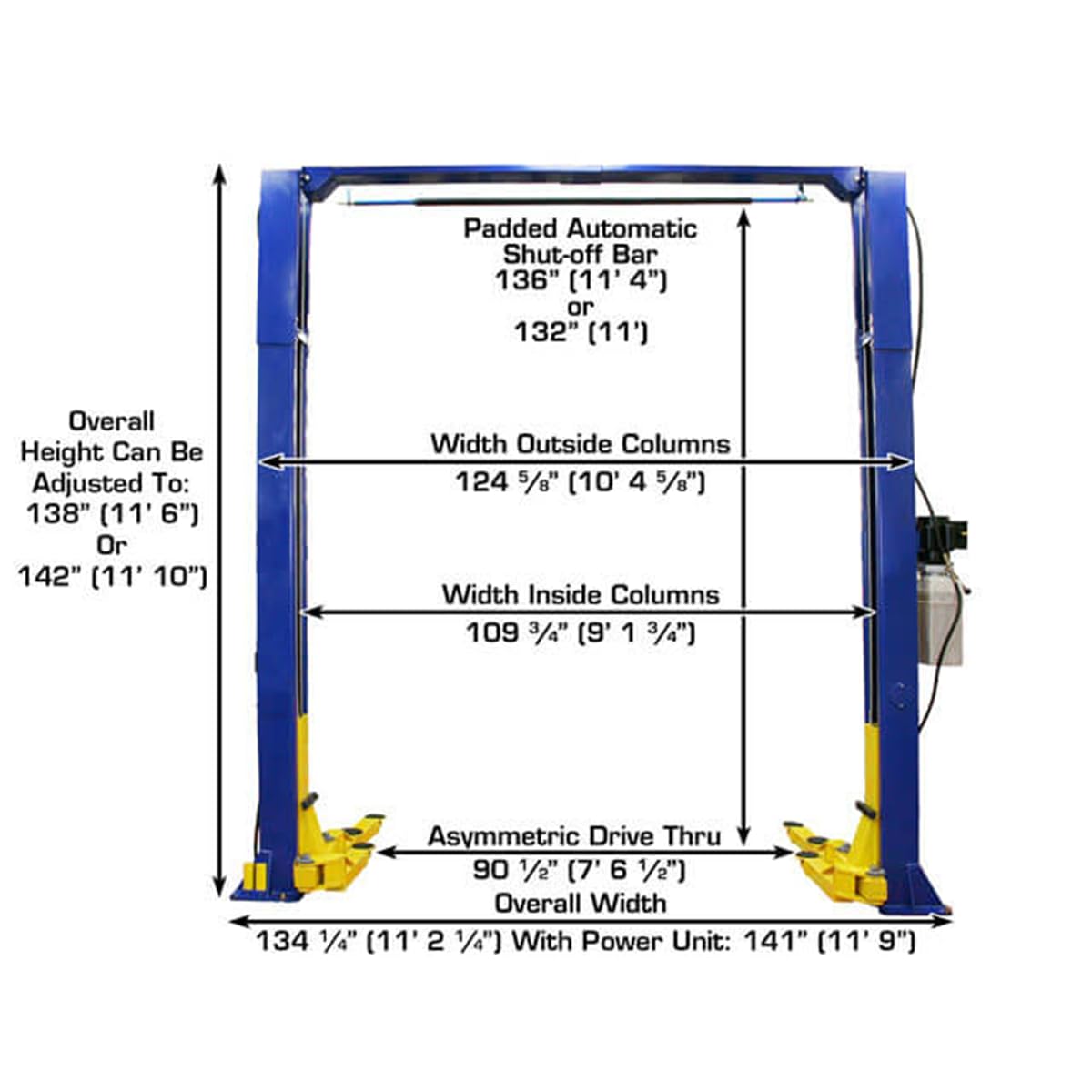 Atlas Automotive Equipment 9KOHX 2-Post Vehicle Lift, Overhead Hoist, 12' Minimum Ceiling Height, Clear Floor Design, 9,000lb Capacity, Dual-Point Lock Release, Dual Hydraulic Chain Drive Cylinders