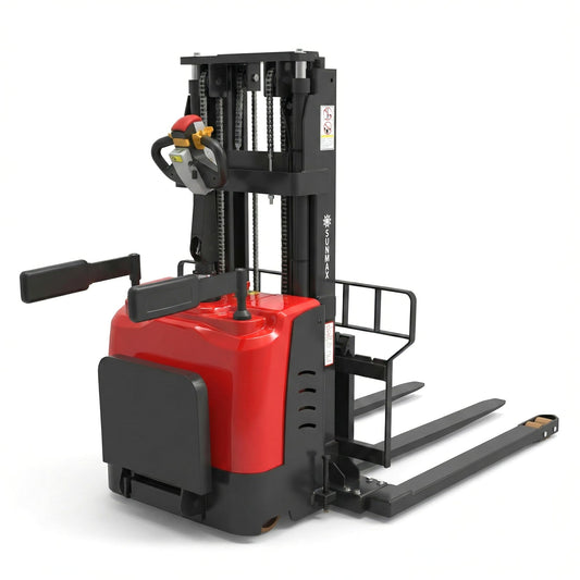 SUNMAX PS3300FEAS-3M Fully Electric Pallet Stacker, 3300 lb Capacity, 118" Lift Height, Walk-Behind Warehouse Stacker with Adjustable Straddle Legs