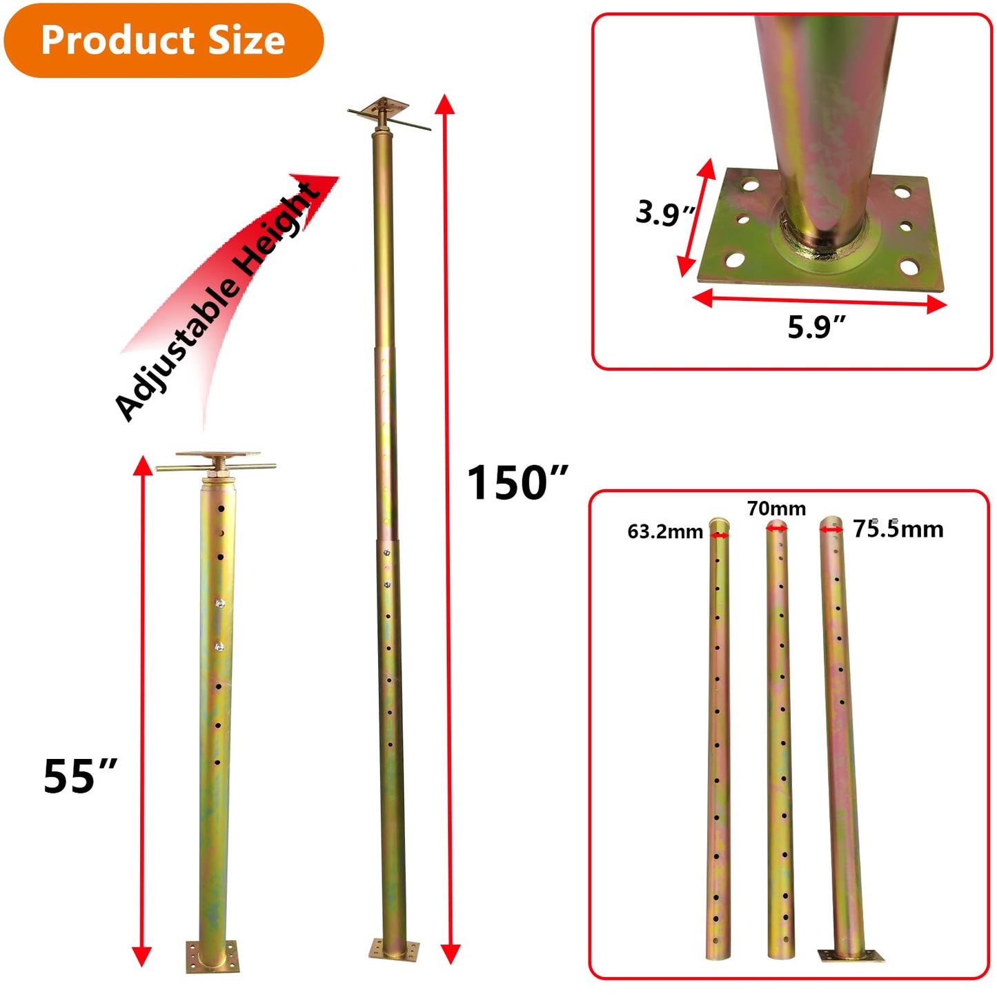 ZANURA 55" - 150" Adjustable House Floor Jack Post Joist Support Jack Fit for Leveling Lifting Basement Crawlspace Beam Roof, 2 Pack