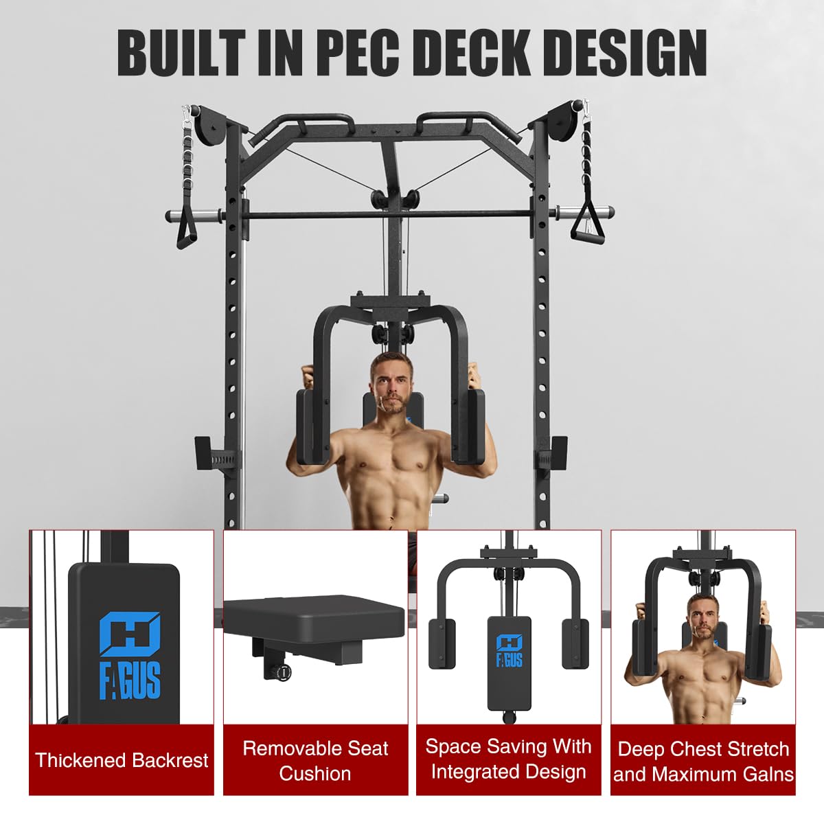FAGUS Black Smith Machine Power Rack with Cable Crossover System & Chest Fly Station, 360° Landmine, T-Bar Row Handle, Tricep Rope, Ankle Strap, Safety Arms, Band Pegs and More Training Attachment