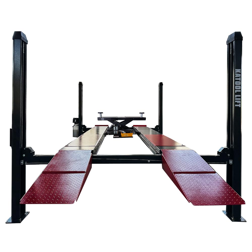 KT-4H120PX 12,000 Lbs 220V 4 Post Lift Alignment Commercial with 7000Lbs Rolling Jack Heavy Duty Four Post Car Lift，86.9" Lift Height 79" Drive-Thru Height Pneumatic Unlocking Fit for Repair Shop