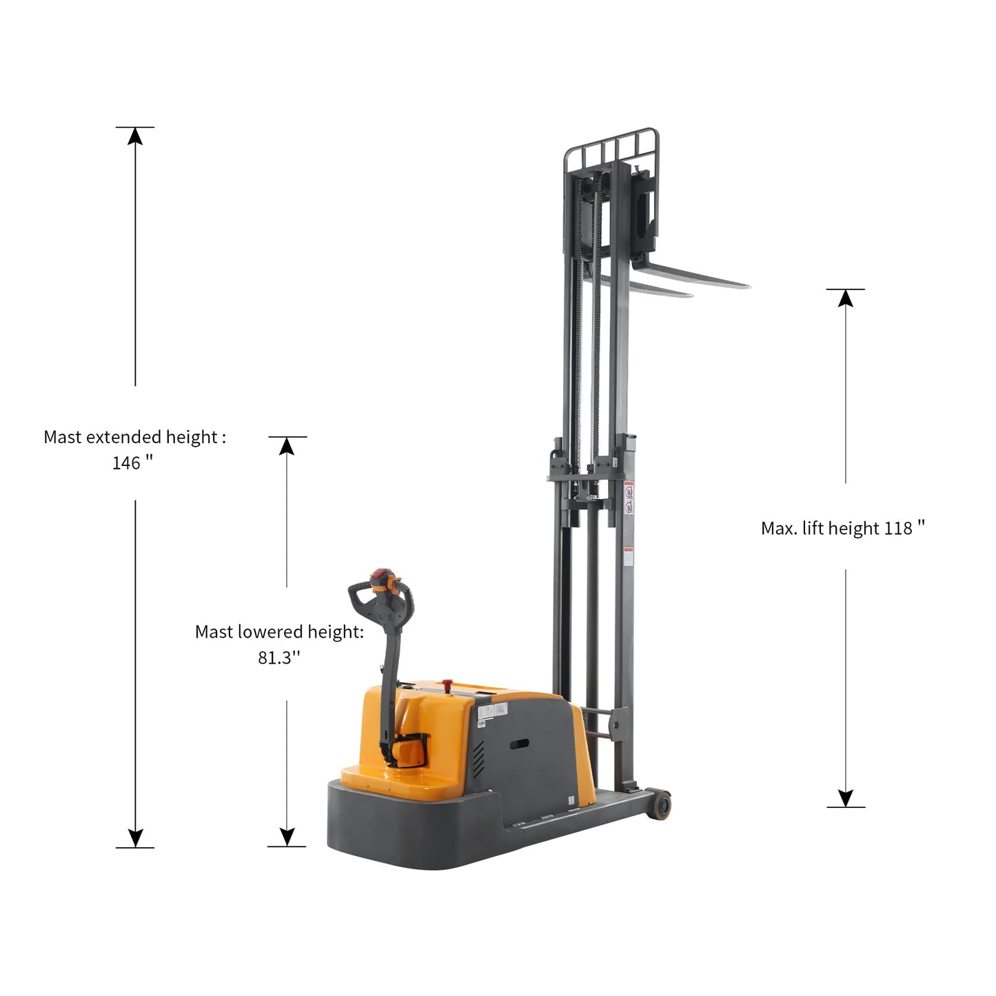 Apollo Full Electric Pallet Stacker, Counterbalanced Forklift, 3300 Lb. Capacity Material Lift, 118" Lifting Height Powered Pallet Lifter with Straddle Forks