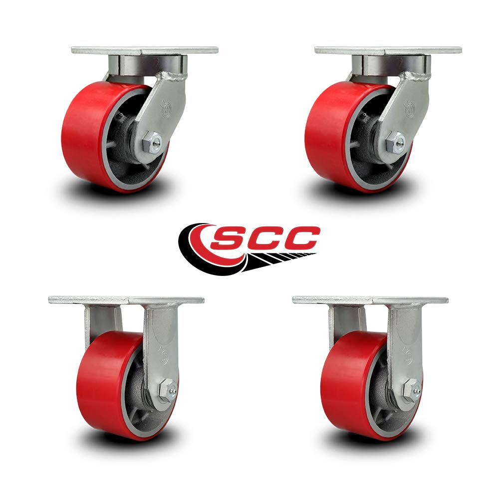 Extra Heavy Duty Kingpinless 6”x3” Red Poly on Cast Iron Swivel Caster Set for Cranes, Gantries, Hoists, and Winches-2 Swivel and 2 Rigid Casters-2,000lbs Per Caster-Set of 4-Service Caster Brand