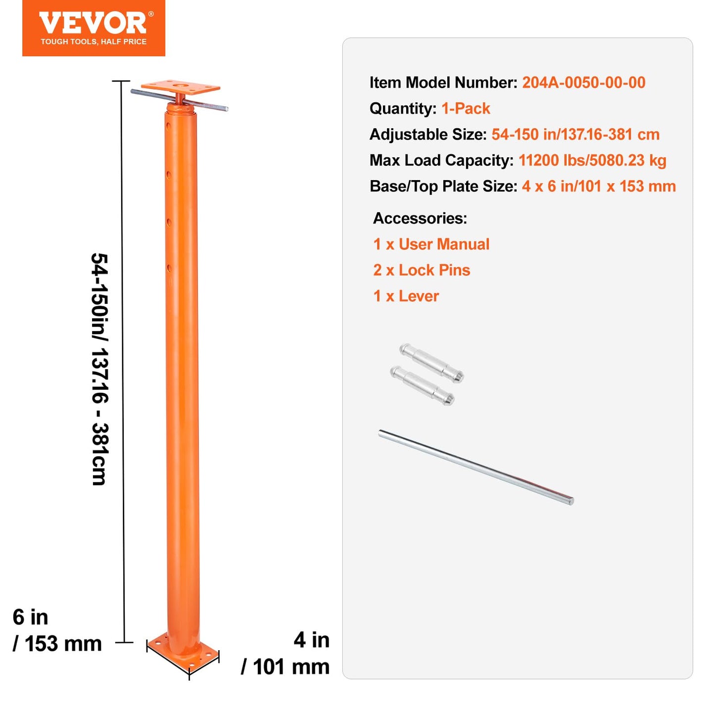 VEVOR House Floor Jack, 54"-150" Height Range, 11200 lbs Max Load Capacity, Adjustable Support Beam Basement Jack Post Pole for Leveling, Lift Support Steel Telescoping Jack for Temporary Support