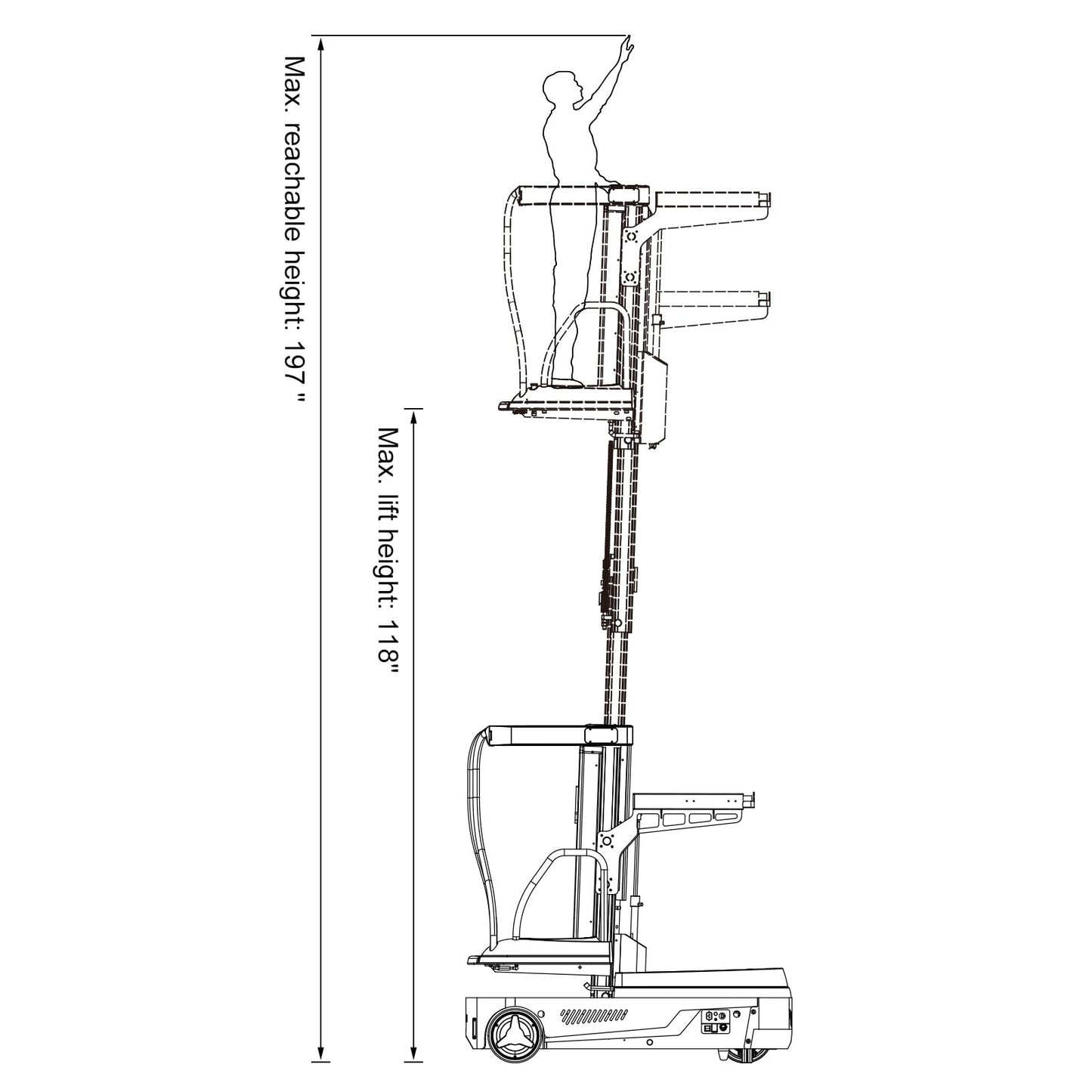 APOLLOLIFT Electric Mini Order Picker Self Propelled Lift Truck 197" Reachable Height, 330lbs Capacity, 118" Lifting Height for Warehouse Supermarket