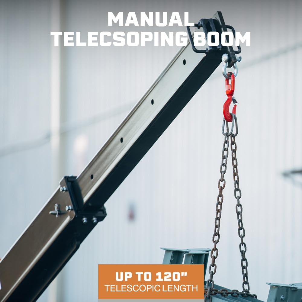 Titan Attachments Skid Steer Adjustable Jib Crane with 3 Ton Hook, 120" Manual Telescoping Boom, Adjustable Hook Points, SSQA Skid Steer Connection, 5,000 LB Max Lift Capacity