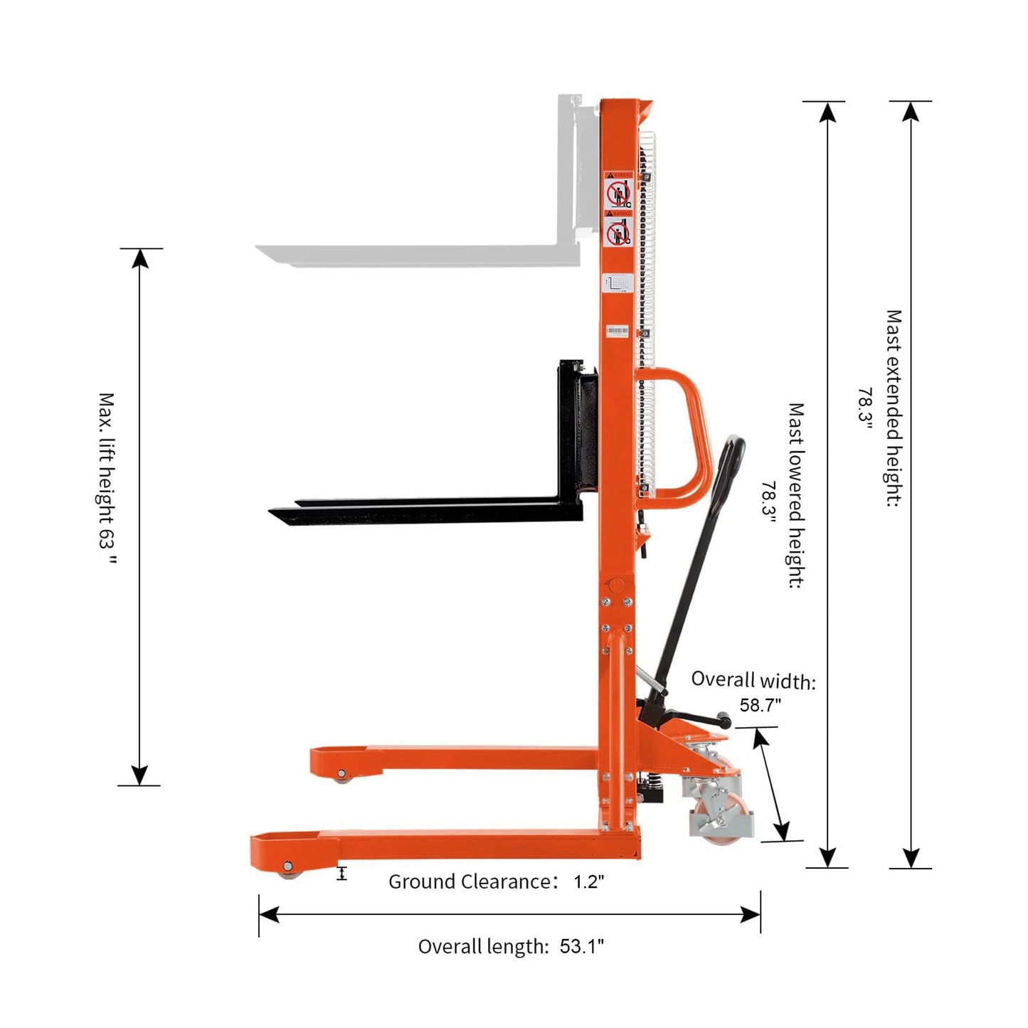 Tory Carrier Manual Pallet Stacker 1100lbs Capacity 63" Lift Height Material Lift Truck, Hand Forklift Truck with Straddle Legs & Adjustable Forks
