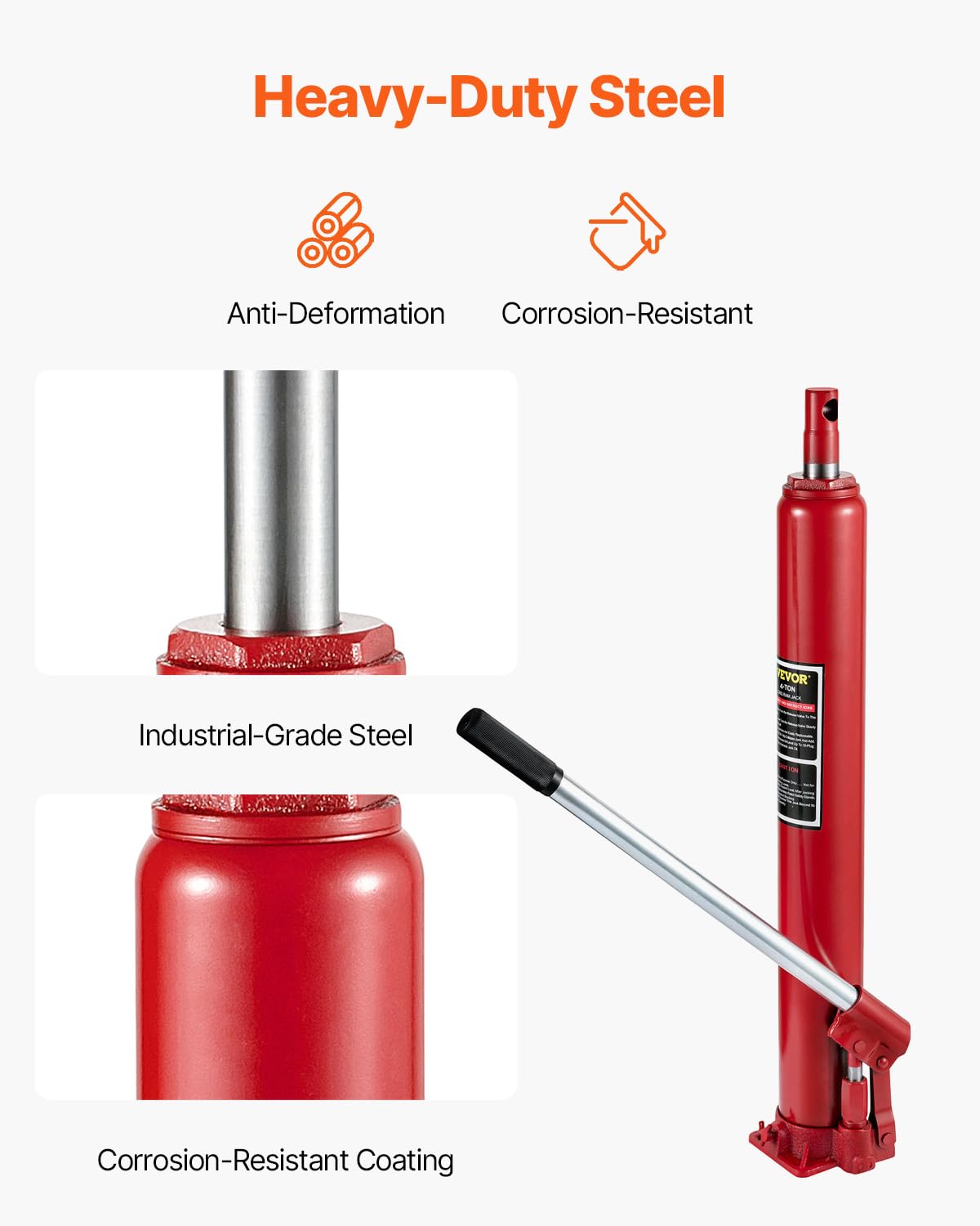 VEVOR 4 Ton Hydraulic Long Ram Jack, Cherry Picker Ram with Single Piston Pump, Manual Engine Hoist Cylinder with Handle and Flat Base, for Garage & Engine Lifting, Red
