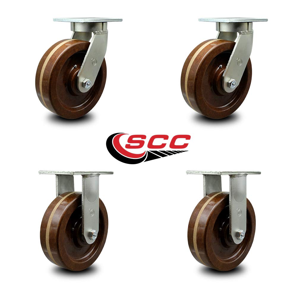 Extra Heavy Duty Kingpinless 8” x 3” High Temp Phenolic Swivel Caster Set for Cranes, Gantries, Hoists, and Winches-2 Swivel and 2 Rigid Casters-2,500 lbs Per Caster – Set of 4 - Service Caster Brand