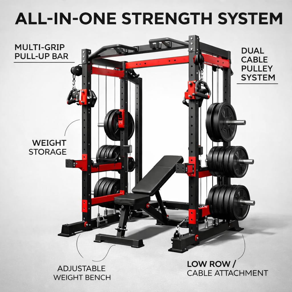 Ckajuoau Smith Machine Black and Red, 3500 lbs Capacity, Alloy Steel and Aluminum, 68" W x 65" D x 90" H, Dual 176 lb Weight Stacks with Cable Crossover